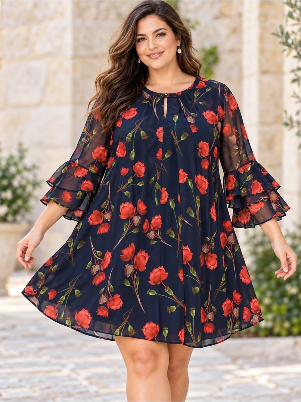 Umgee XL Navy Red Floral Tiered Bell Sleeve Keyhole Swing Dress